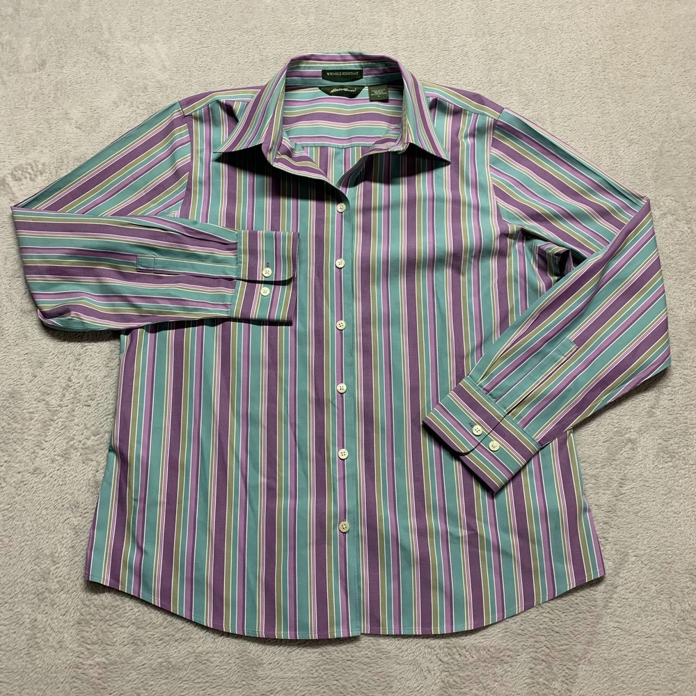 Vintage Eddie Bauer Womens L Wrinkle Free Button Up‎ Shirt Pastel Stripe